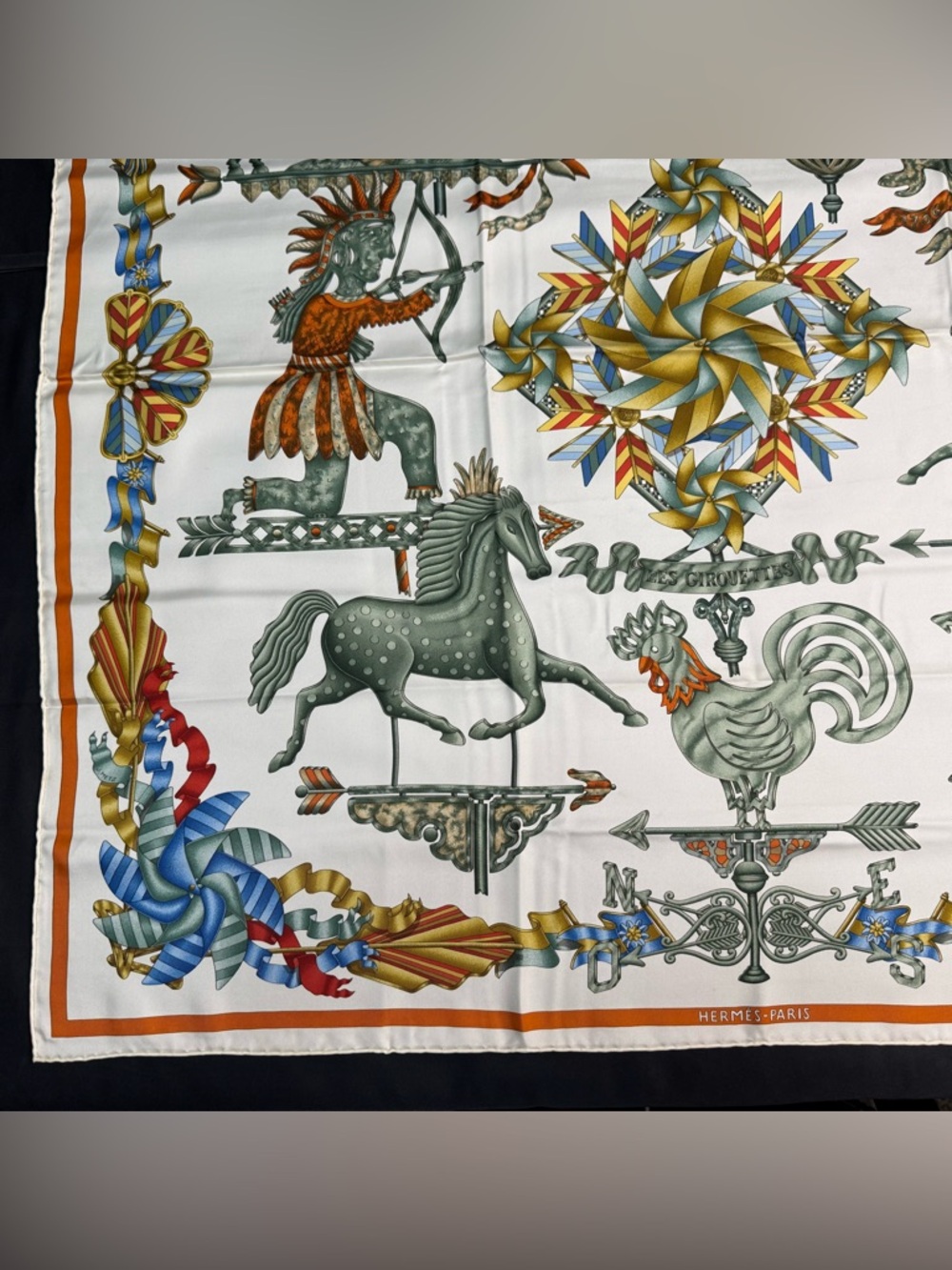 Hermes Silk Scarf Les Girouettes Wind Spinner Weather Vane Pinwheel Green White - Picture 5 of 12